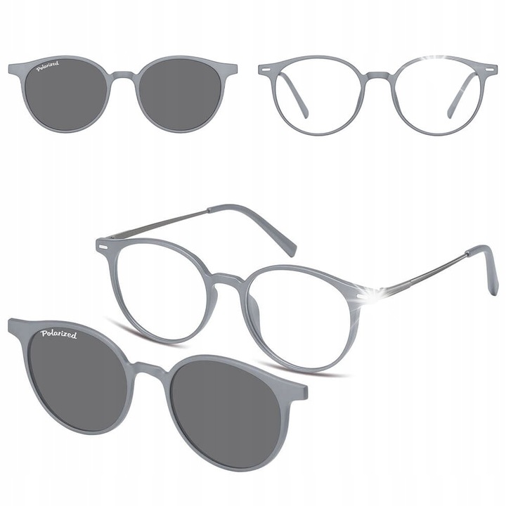 Okulary 2w1 cu optiune de schimbare a lentilelor, Sunoptic, gri mat, set cu protectie solara Clip-On