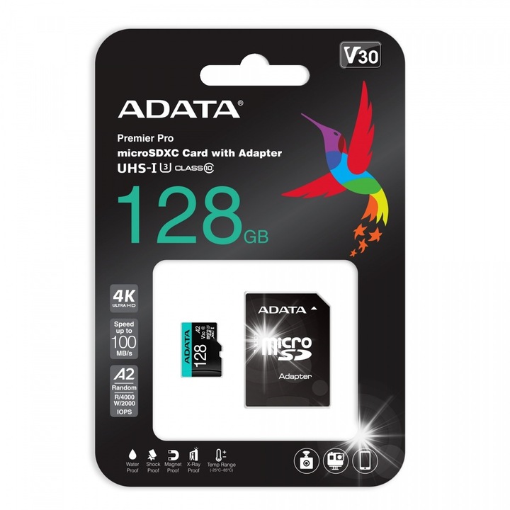 Карта памет microSD 128GB Adata Premier Pro UHS-I U3 V30 A2 + адаптер