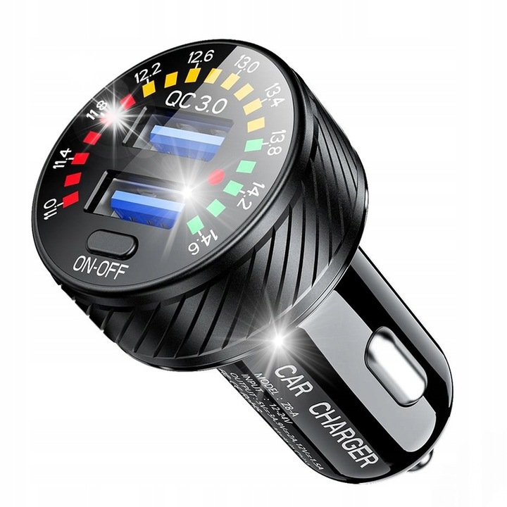 Autós töltő 2x USB QC3.0 36W voltmérővel, 12-24V, 42g