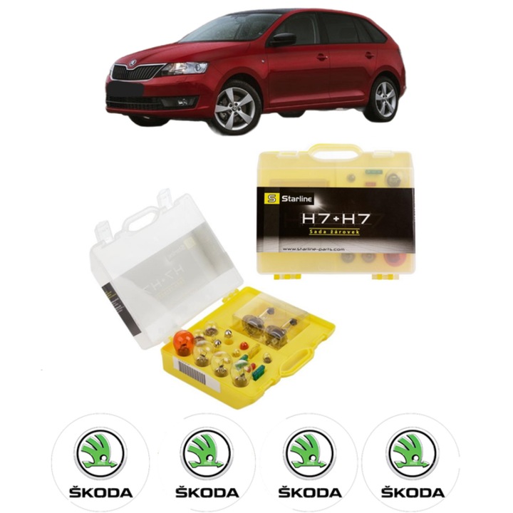 Kit trusa Set becuri H7 compatibila cu SKODA RAPID Spaceback (NH1) din 2012-2019, bec far, semnalizare, pozitie, iluminare numar, frana, plafoniera, stop frana