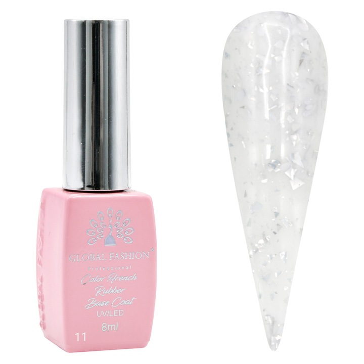 Oja semipermanentă Global Fashion Foil Rubber Base 8 ml, argintiu, 3-4 săptămâni durabilitate