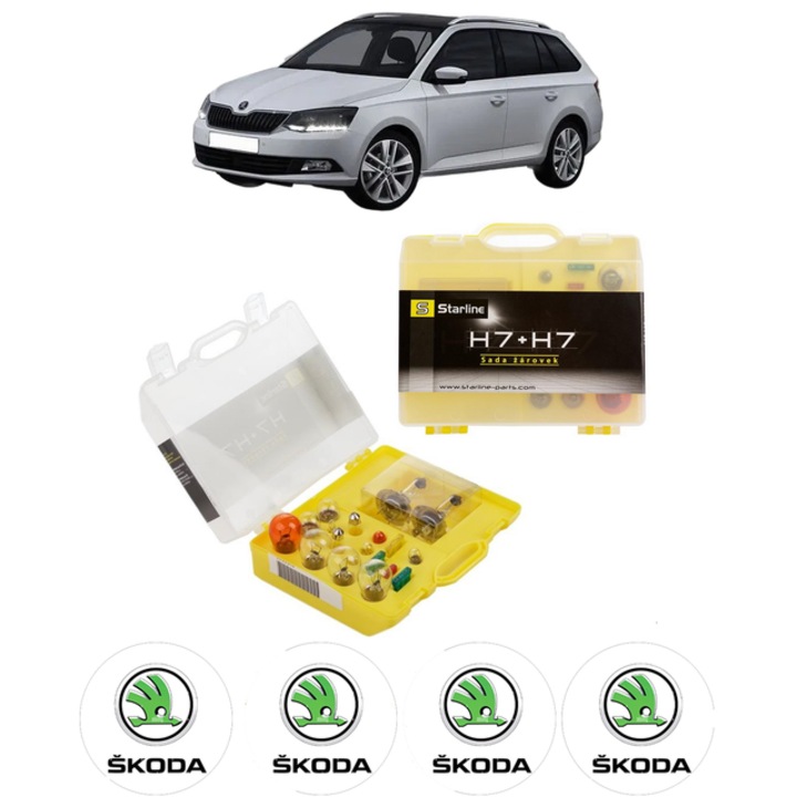 Kit trusa Set becuri H7 compatibila cu SKODA FABIA III Estate (NJ5) din 2014-2022, bec far, semnalizare, pozitie, iluminare numar, frana, plafoniera, stop frana