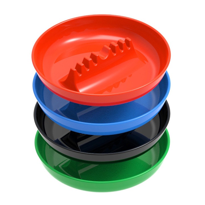 Set de 4 scrumiere rotunde din plastic, utilizare interioara/exterioara, 7" diametru, rezistente la intemperii, culori asortate