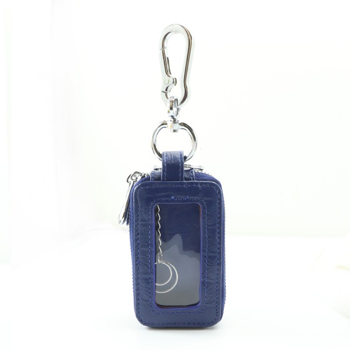 Кожен калъф за ключове за кола, мини, голям капацитет, син