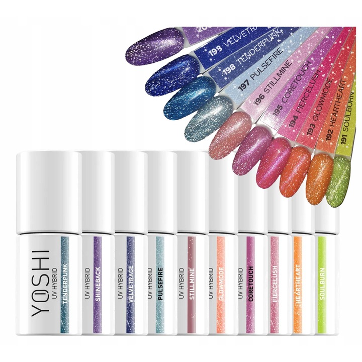 Set oje hibridice Yoshi Heartcore, 10x6ml, efecte flash, neon si cat eye, culori intense