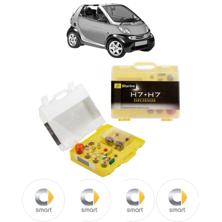 Kit trusa Set becuri H7 compatibila cu SMART FORTWO Cabrio (450) din 2004-2007, bec far, semnalizare, pozitie, iluminare numar, frana, plafoniera, stop frana