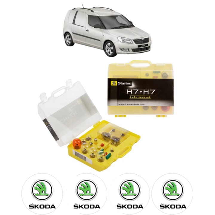 Kit trusa Set becuri H7 compatibila cu SKODA FABIA II Praktik (545) din 2013-2014, bec far, semnalizare, pozitie, iluminare numar, frana, plafoniera, stop frana