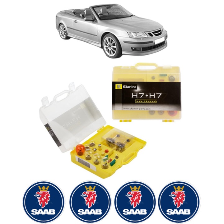 Kit trusa Set becuri H7 compatibila cu SAAB 9-3 Convertible (YS3F) din 2003-2015, bec far, semnalizare, pozitie, iluminare numar, frana, plafoniera, stop frana