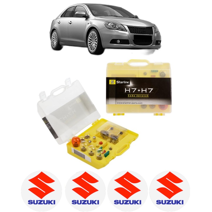 Kit trusa Set becuri H7 compatibila cu SUZUKI KIZASHI (FR) din 2010-2014, bec far, semnalizare, pozitie, iluminare numar, frana, plafoniera, stop frana