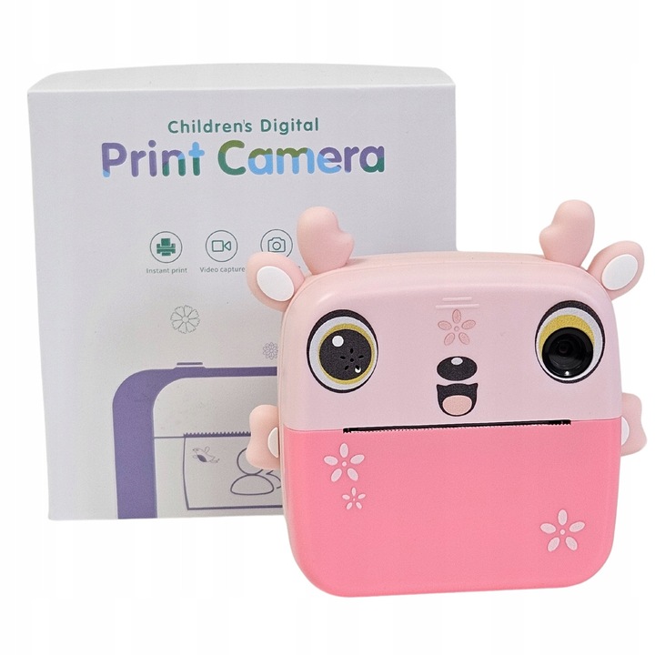 Детски фотоапарат, розов, с 3 ролки хартия, функции за печат и образователни игри