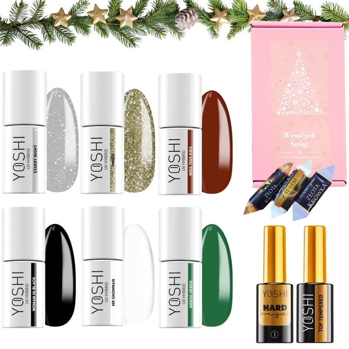 Set hibrid de lacuri Yoshi 6x6ml, alb, negru, rosu, verde, argintiu, auriu, baza 10ml, top 10ml