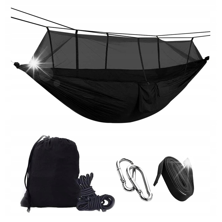 Туристически хамак с мрежа против комари, 260x140см, черен, комплект с аксесоари за монтаж