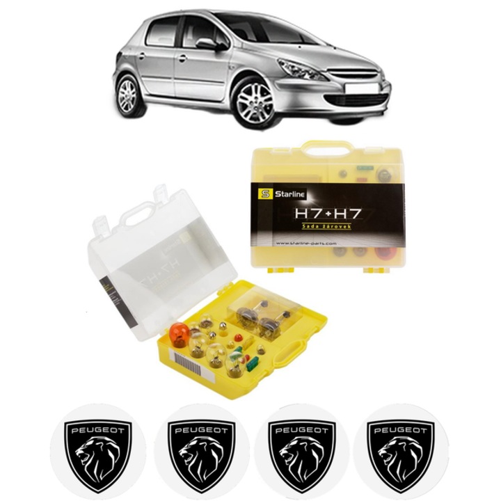 Kit trusa Set becuri H7 compatibila cu PEUGEOT 307 (3A/C) din 2000-2009, bec far, semnalizare, pozitie, iluminare numar, frana, plafoniera, stop frana