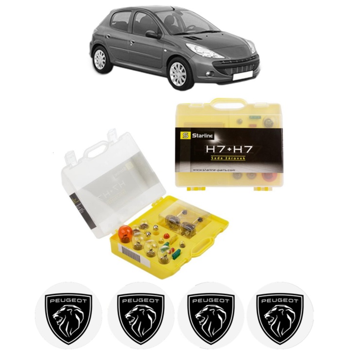Kit trusa Set becuri H7 compatibila cu PEUGEOT 206+ (2L_, 2M_) din 2009-2013, bec far, semnalizare, pozitie, iluminare numar, frana, plafoniera, stop frana