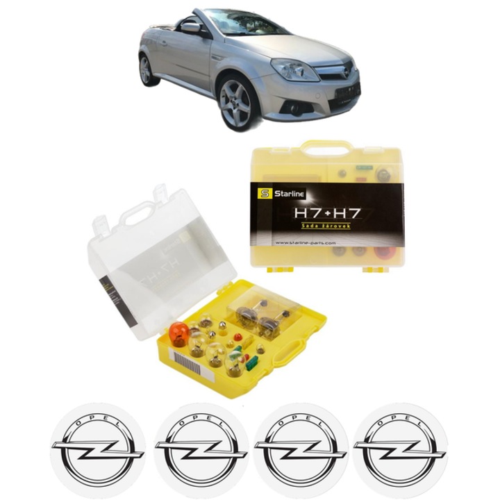 Kit trusa Set becuri H7 compatibila cu OPEL TIGRA TwinTop (X04) din 2004-2010, bec far, semnalizare, pozitie, iluminare numar, frana, plafoniera, stop frana