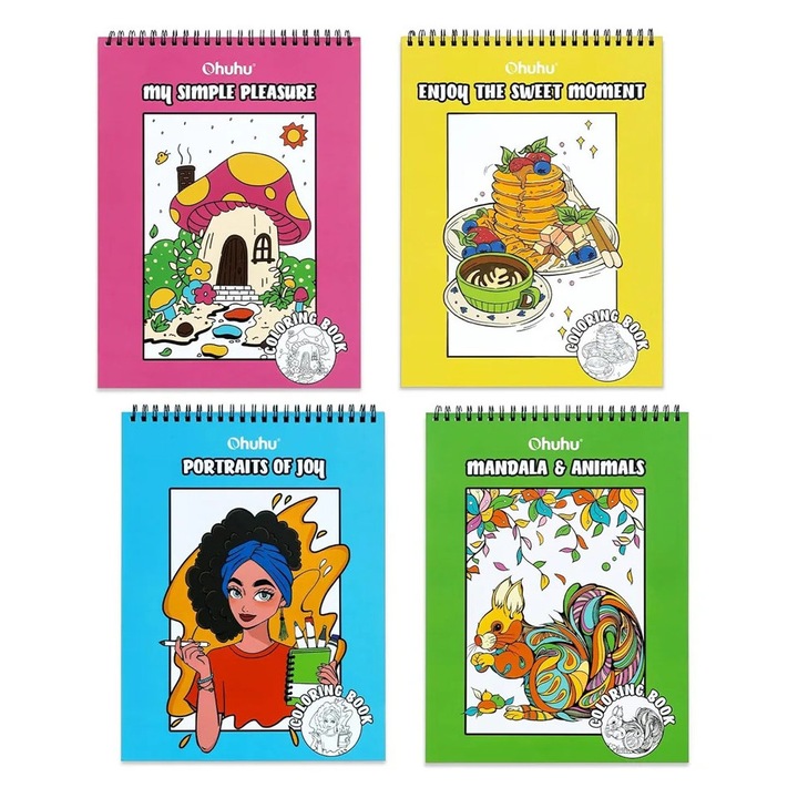 Set 4 Carti De Colorat Ohuhu, 160 Modele De Portrete Cu Mandale Si Flori, Animale