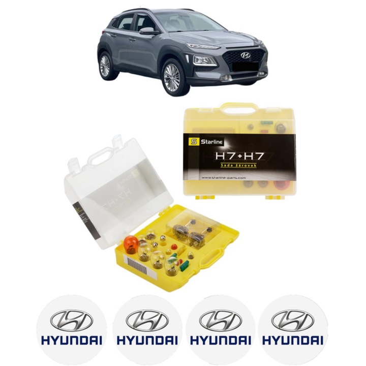 Kit trusa Set becuri H7 compatibila cu HYUNDAI KONA (OS, OSE, OSI) din 2017-2023, bec far, semnalizare, pozitie, iluminare numar, frana, plafoniera, stop frana