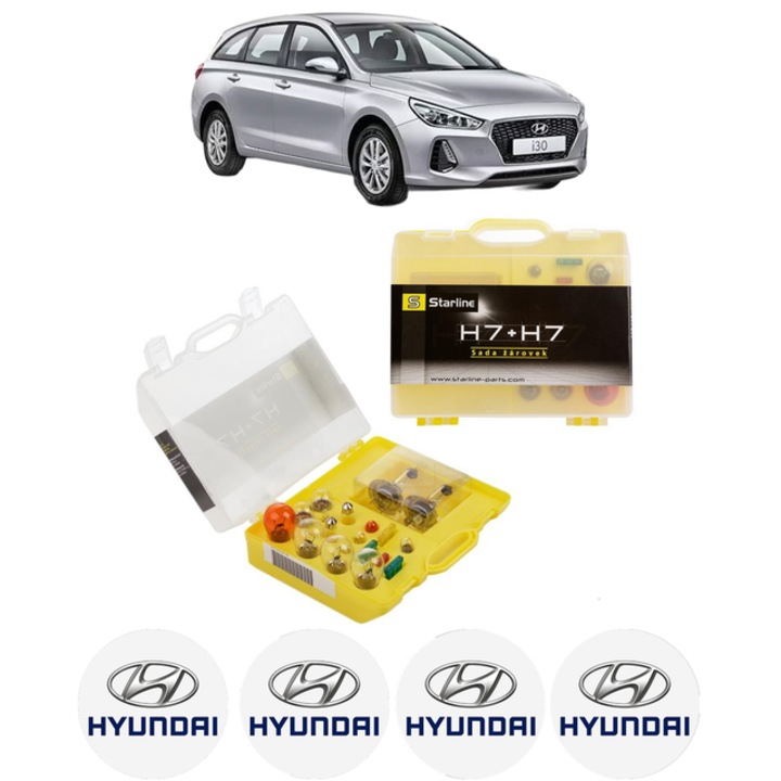 Kit trusa Set becuri H7 compatibila cu HYUNDAI i30 Kombi Van (PDE) din 2017-2020, bec far, semnalizare, pozitie, iluminare numar, frana, plafoniera, stop frana