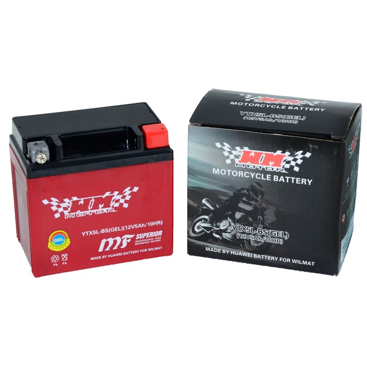 AGM akkumulátor 12V 5Ah motorkerékpárokhoz, robogókhoz, quadokhoz, karbantartásmentes, 106x114x71mm