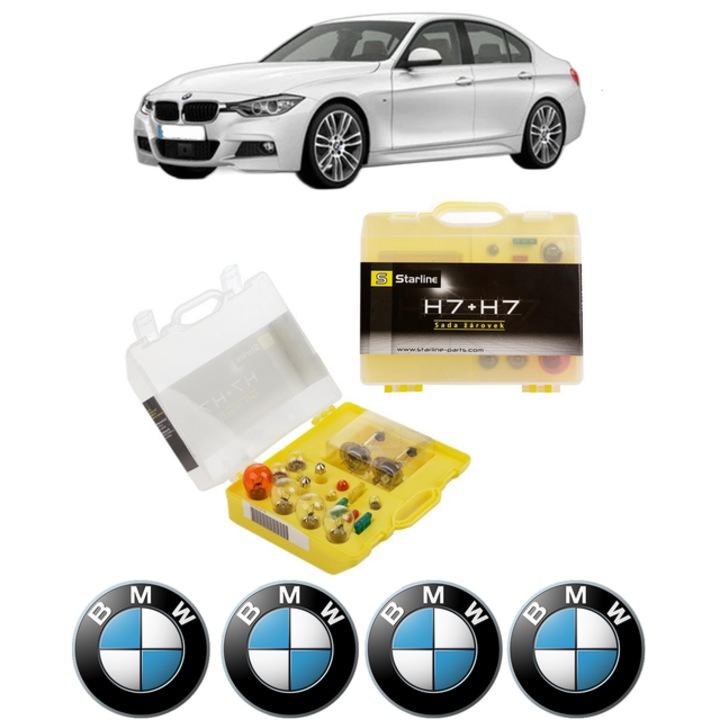 Kit trusa Set becuri H7 compatibila cu BMW 3 (F30, F80) din 2011-2018, bec far, semnalizare, pozitie, iluminare numar, frana, plafoniera, stop frana
