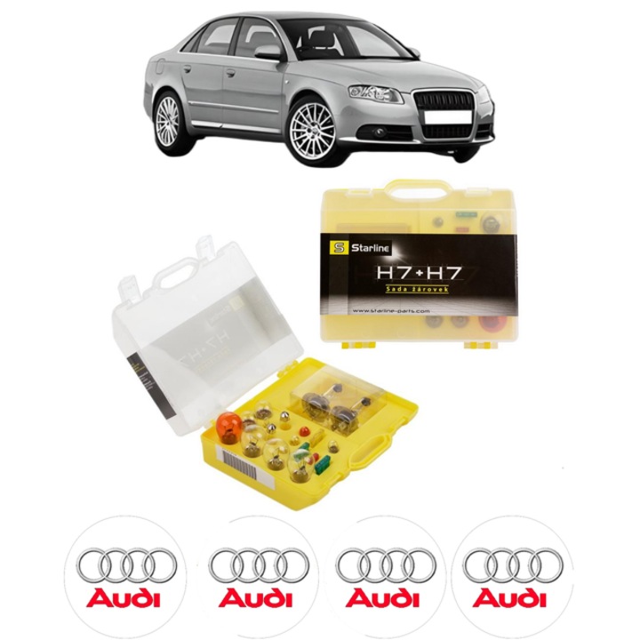 Kit trusa Set becuri H7 compatibila cu AUDI A4 B7 (8EC) din 2004-2008, bec far, semnalizare, pozitie, iluminare numar, frana, plafoniera, stop frana