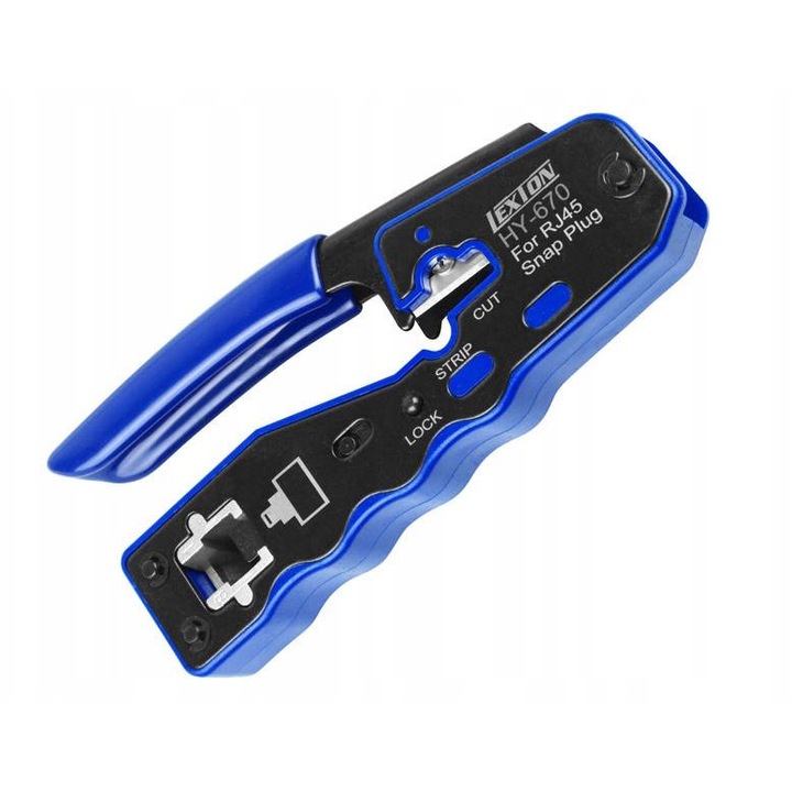 Professzionális krimpelő szerszám RJ45 Pass Through kábelekhez, Lexton, kék-fekete, 3 az 1-ben, vágóval és szigeteléseltávolítóval