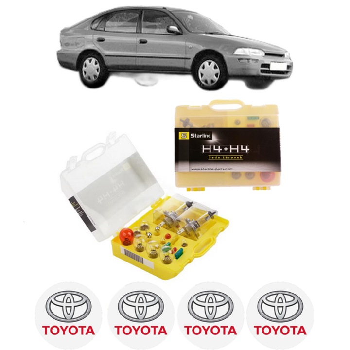 Kit trusa Set becuri H4 compatibila cu TOYOTA COROLLA Liftback (_E10_) din 1992-1997, bec far, semnalizare, pozitie, iluminare numar, frana, plafoniera, stop frana