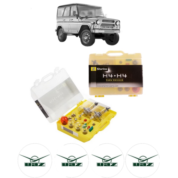 Kit trusa Set becuri H4 compatibila cu UAZ HUNTER (31519_) din 2004-2013, bec far, semnalizare, pozitie, iluminare numar, frana, plafoniera, stop frana