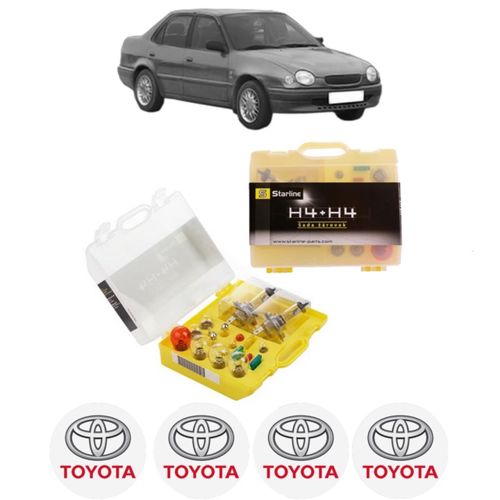 Kit trusa Set becuri H4 compatibila cu TOYOTA COROLLA (_E11_) din 1997-2001, bec far, semnalizare, pozitie, iluminare numar, frana, plafoniera, stop frana