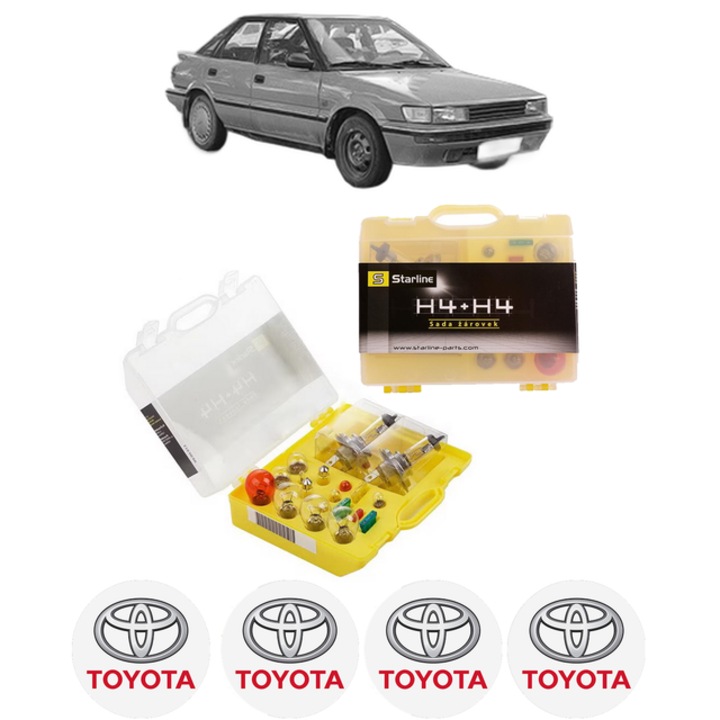 Kit trusa Set becuri H4 compatibila cu TOYOTA COROLLA Liftback (_E9_) din 1987-1993, bec far, semnalizare, pozitie, iluminare numar, frana, plafoniera, stop frana