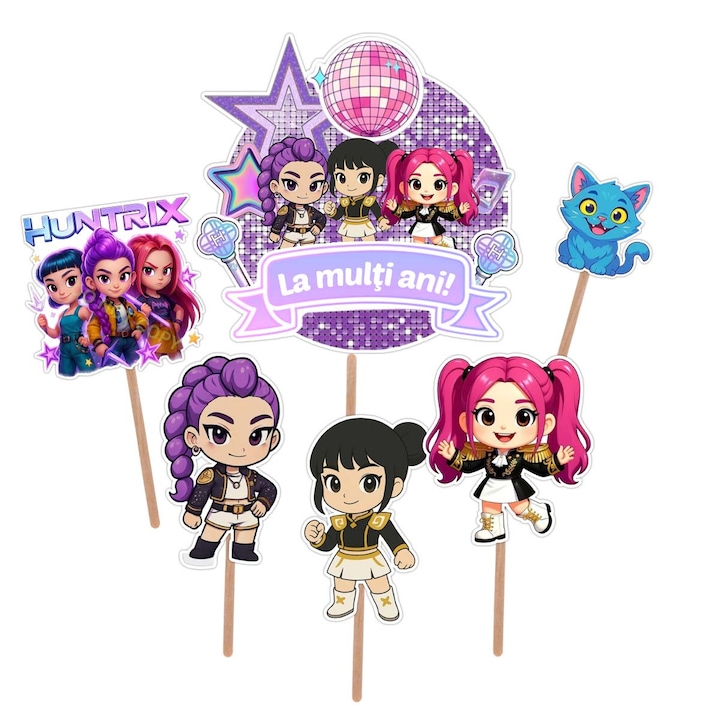 Set toppere tort aniversar Huntrix, decor tort copii, figurine tort cu personaje, mesaj „La multi ani”, set 6 piese