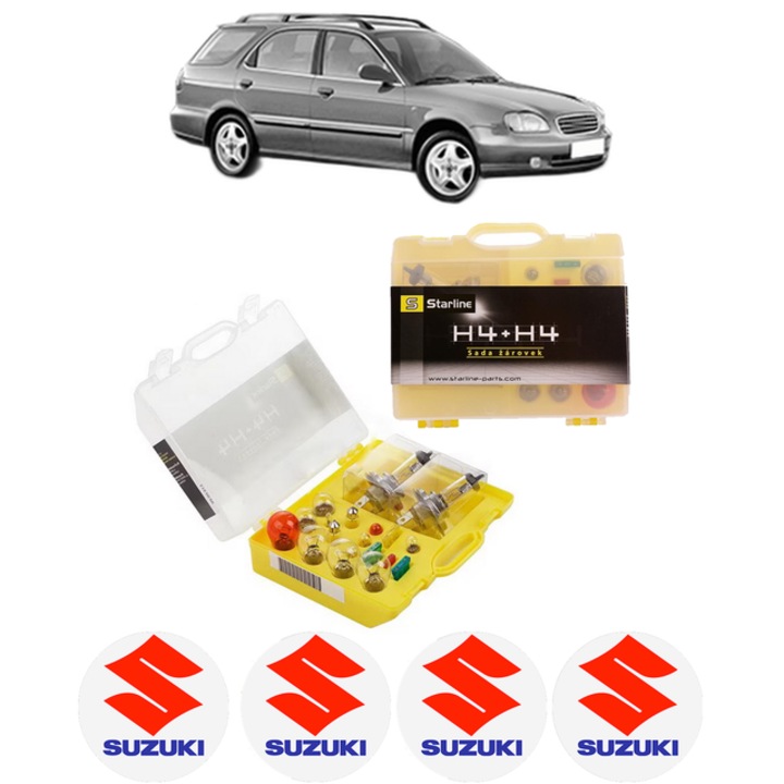 Kit trusa Set becuri H4 compatibila cu SUZUKI BALENO Estate (EG) din 1996-2002, bec far, semnalizare, pozitie, iluminare numar, frana, plafoniera, stop frana