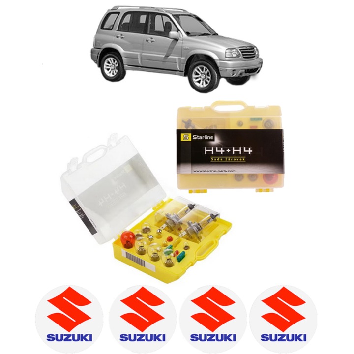 Kit trusa Set becuri H4 compatibila cu SUZUKI GRAND VITARA I (FT, HT) din 1998-2005, bec far, semnalizare, pozitie, iluminare numar, frana, plafoniera, stop frana