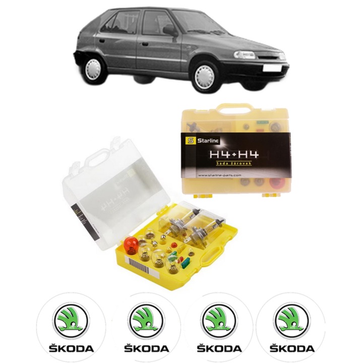 Kit trusa Set becuri H4 compatibila cu SKODA FELICIA I (6U1) din 1994-1998, bec far, semnalizare, pozitie, iluminare numar, frana, plafoniera, stop frana