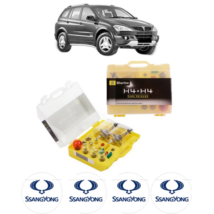 Kit trusa Set becuri H4 compatibila cu SSANGYONG ACTYON I din 2006, bec far, semnalizare, pozitie, iluminare numar, frana, plafoniera, stop frana