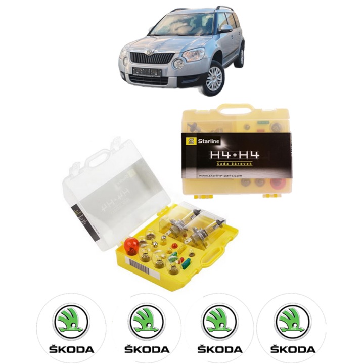 Kit trusa Set becuri H4 compatibila cu SKODA YETI (5L) din 2009-2017, bec far, semnalizare, pozitie, iluminare numar, frana, plafoniera, stop frana