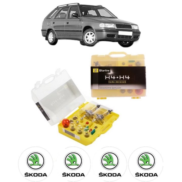 Kit trusa Set becuri H4 compatibila cu SKODA FELICIA II Estate (6U5) din 1996-2001, bec far, semnalizare, pozitie, iluminare numar, frana, plafoniera, stop frana