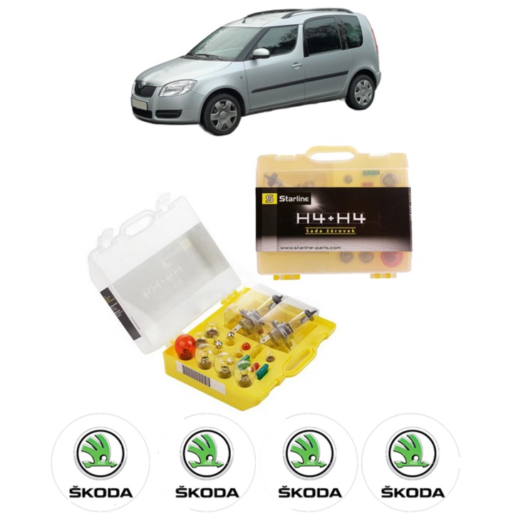 Kit trusa Set becuri H4 compatibila cu SKODA ROOMSTER Praktik (5J) din 2007-2015, bec far, semnalizare, pozitie, iluminare numar, frana, plafoniera, stop frana