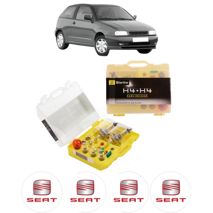 Kit trusa Set becuri H4 compatibila cu SEAT IBIZA II (6K1) din 1993-2002, bec far, semnalizare, pozitie, iluminare numar, frana, plafoniera, stop frana