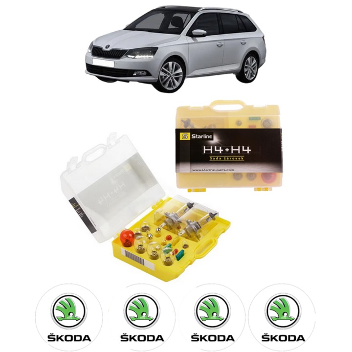 Kit trusa Set becuri H4 compatibila cu SKODA FABIA III Estate (NJ5) din 2014-2022, bec far, semnalizare, pozitie, iluminare numar, frana, plafoniera, stop frana