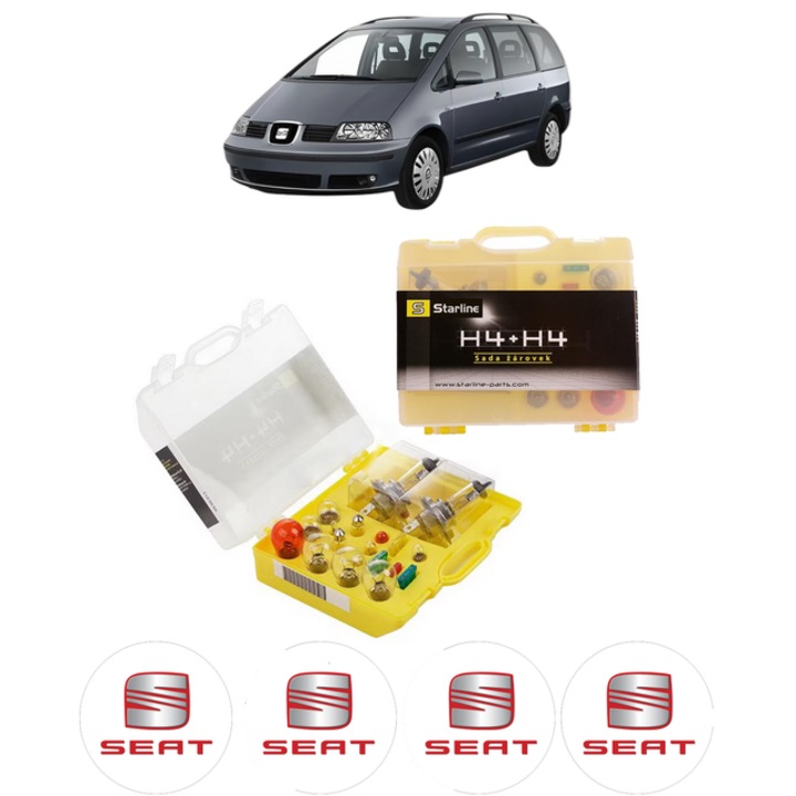 Kit trusa Set becuri H4 compatibila cu SEAT ALHAMBRA (7V8, 7V9) din 1996-2010, bec far, semnalizare, pozitie, iluminare numar, frana, plafoniera, stop frana