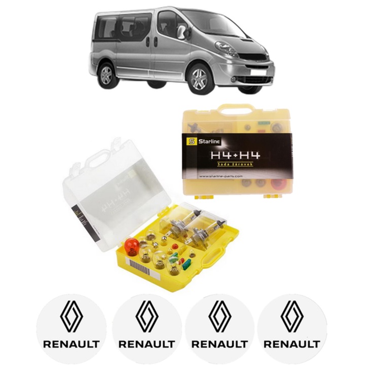 Kit trusa Set becuri H4 compatibila cu RENAULT TRAFIC II Bus (JL) din 2001-2008, bec far, semnalizare, pozitie, iluminare numar, frana, plafoniera, stop frana