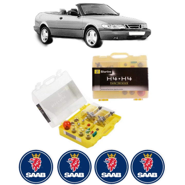 Kit trusa Set becuri H4 compatibila cu SAAB 900 II Convertible din 1993-1998, bec far, semnalizare, pozitie, iluminare numar, frana, plafoniera, stop frana