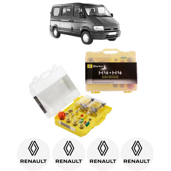 Kit trusa Set becuri H4 compatibila cu RENAULT MASTER II Bus (JD) din 1997-2010, bec far, semnalizare, pozitie, iluminare numar, frana, plafoniera, stop frana