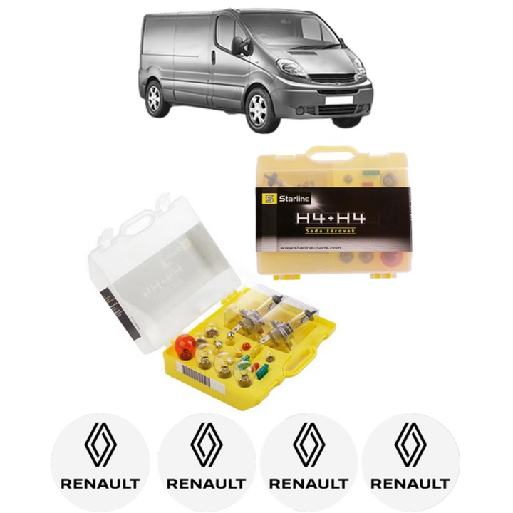 Kit trusa Set becuri H4 compatibila cu RENAULT TRAFIC II Van (FL) din 2001-2007, bec far, semnalizare, pozitie, iluminare numar, frana, plafoniera, stop frana