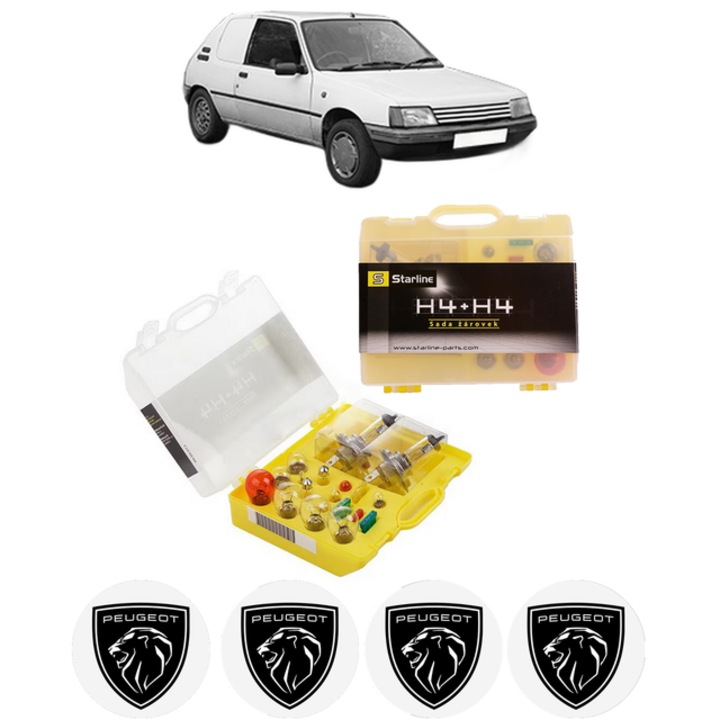 Kit trusa Set becuri H4 compatibila cu PEUGEOT 205 Hatchback Van din 1994-1997, bec far, semnalizare, pozitie, iluminare numar, frana, plafoniera, stop frana