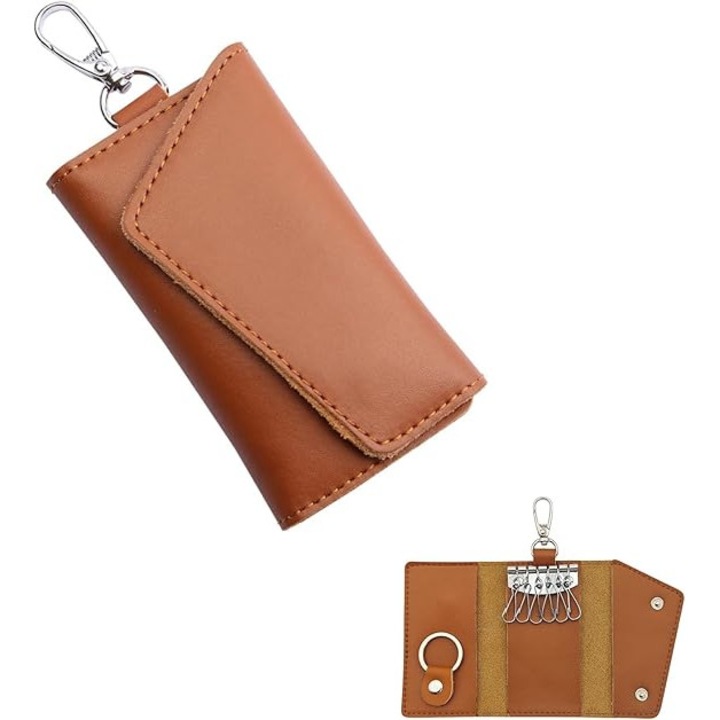 Portofel din piele pentru chei, cu inchidere tip snap, 6 carlige detasabile, 11x6x2cm