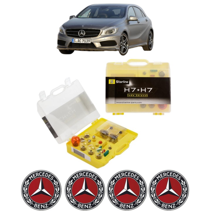 Kit trusa Set becuri H7 compatibila cu MERCEDES-BENZ A-CLASS (W176) din 2012-2018, bec far, semnalizare, pozitie, iluminare numar, frana, plafoniera, stop frana