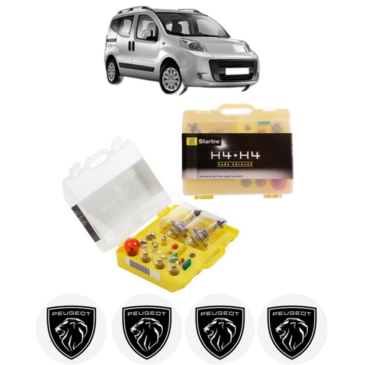 Kit trusa Set becuri H4 compatibila cu PEUGEOT BIPPER TEPEE din 2008-2010, bec far, semnalizare, pozitie, iluminare numar, frana, plafoniera, stop frana