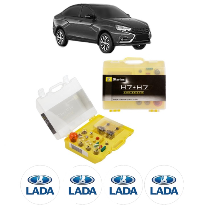 Kit trusa Set becuri H7 compatibila cu LADA VESTA (GFL_) din 2015-2019, bec far, semnalizare, pozitie, iluminare numar, frana, plafoniera, stop frana